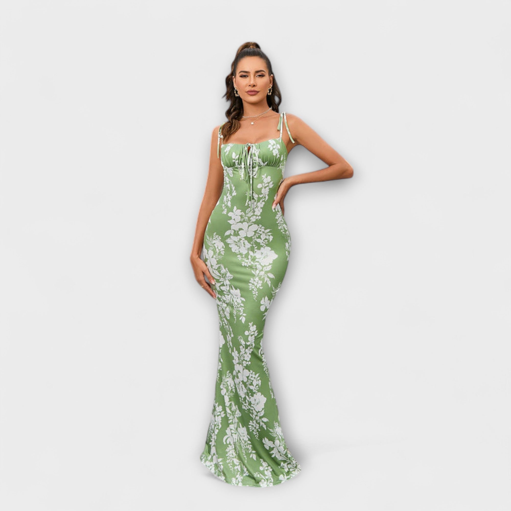 Rochie de bal cu imprimeu floral și bretele legate