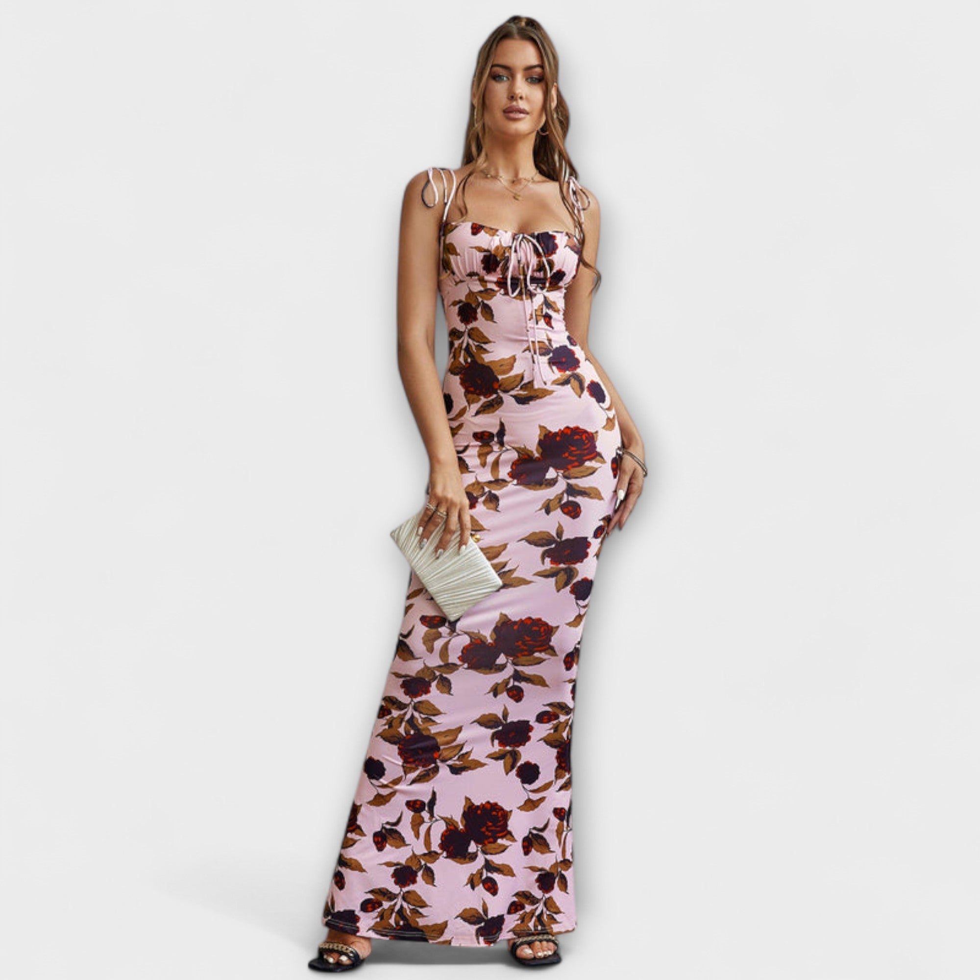 Rochie de bal cu imprimeu floral și bretele legate