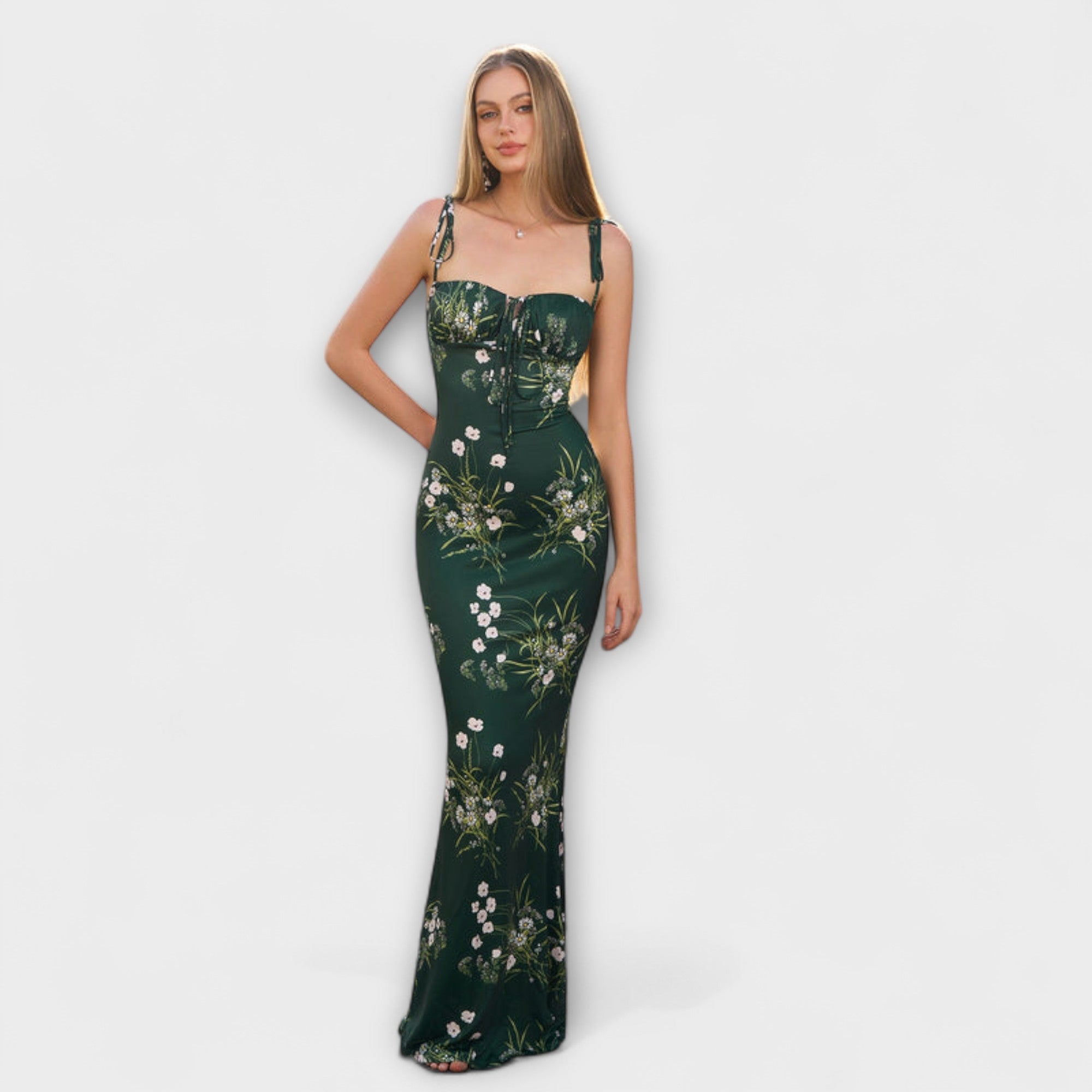 Rochie de bal cu imprimeu floral și bretele legate