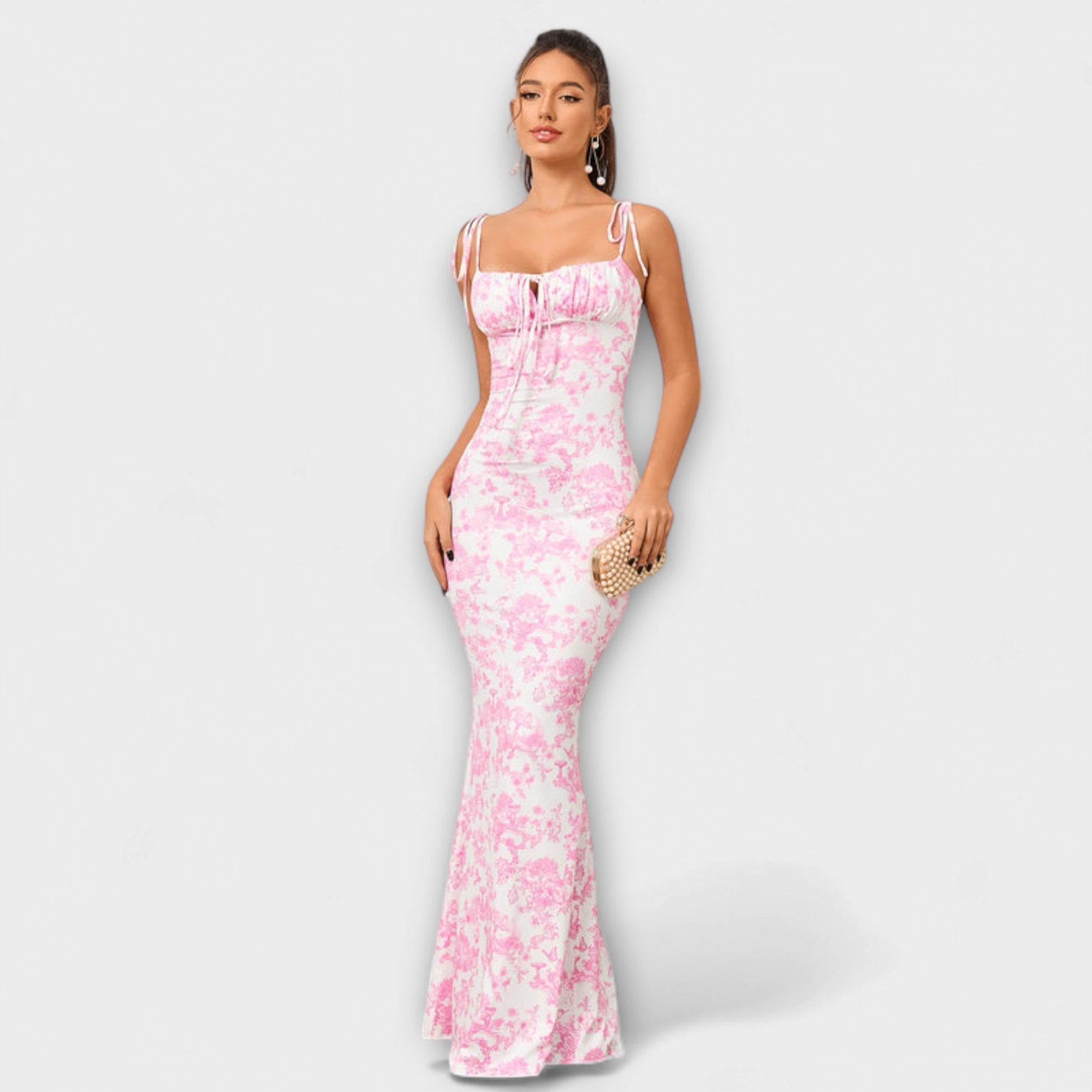 Rochie de bal cu imprimeu floral și bretele legate