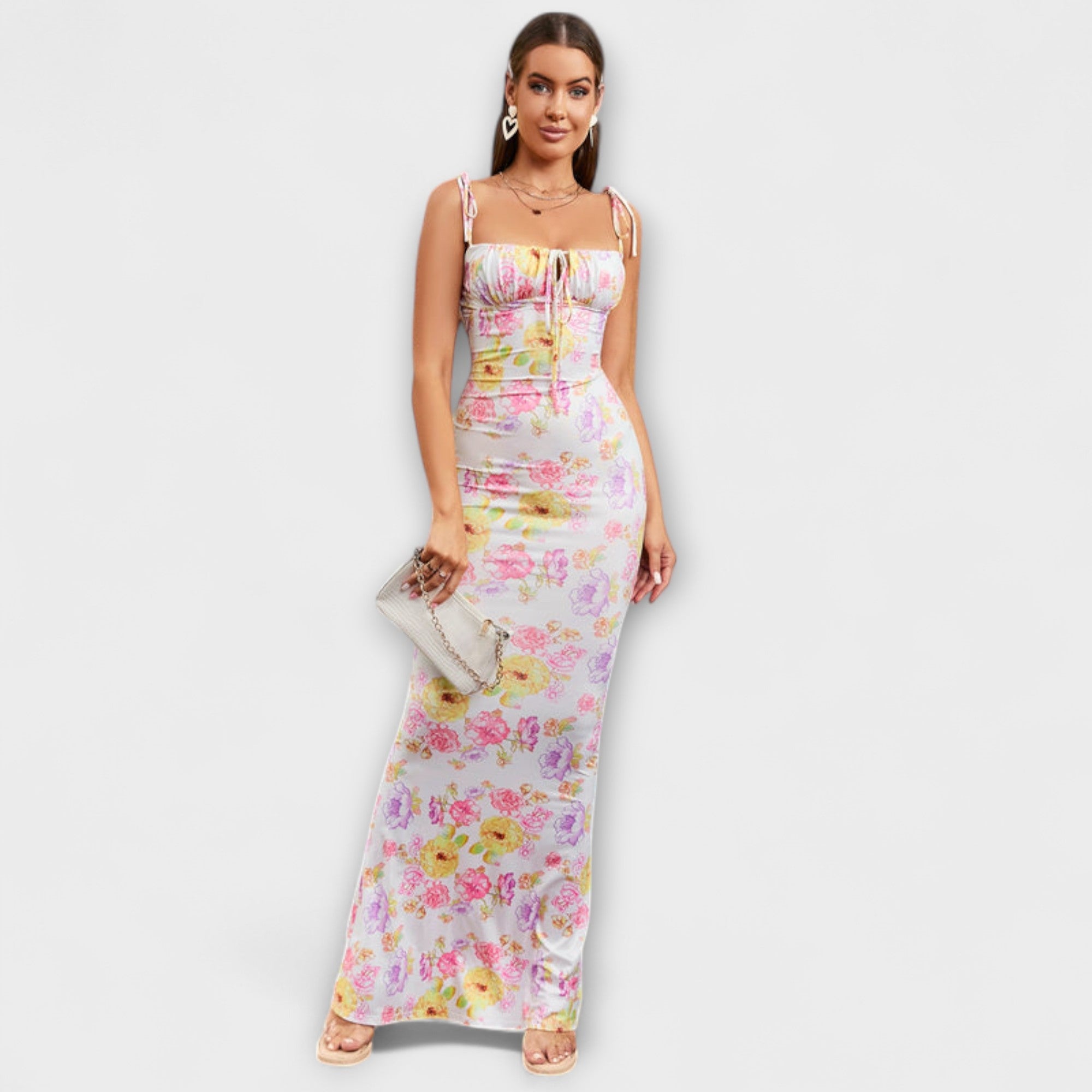 Rochie de bal cu imprimeu floral și bretele legate